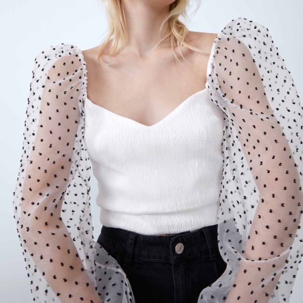 ZARA DOTTED MESH PUFF SLEEVES POLKA DOT CROP TOP